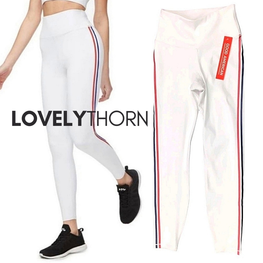 GOOD AMERICAN // white high rise 7/8 leggings red & blue side stripes - Picture 8 of 9